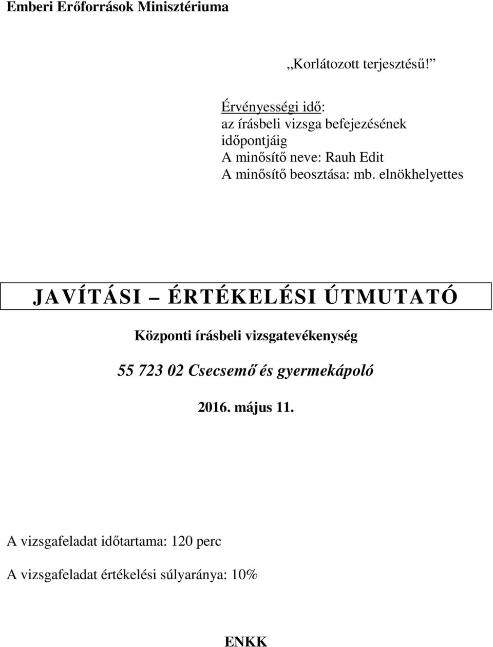 elnökhelyettes JAVÍTÁSI ÉRTÉKELÉSI ÚTMUTATÓ Központi írásbeli vizsgatevékenység 55 723 02