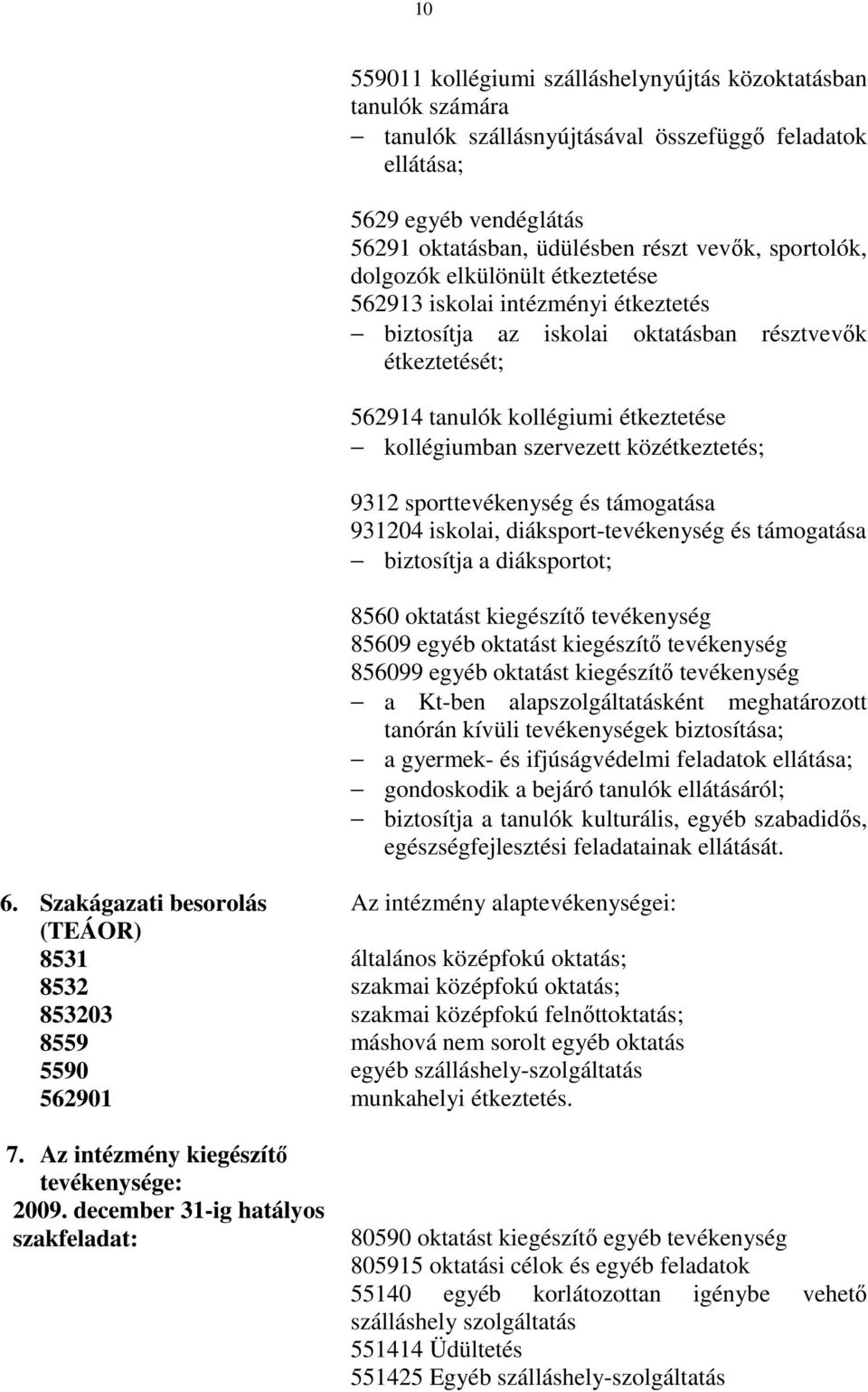 közétkeztetés; 9312 sporttevékenység és támogatása 931204 iskolai, diáksport-tevékenység és támogatása biztosítja a diáksportot; 8560 oktatást kiegészítı tevékenység 85609 egyéb oktatást kiegészítı