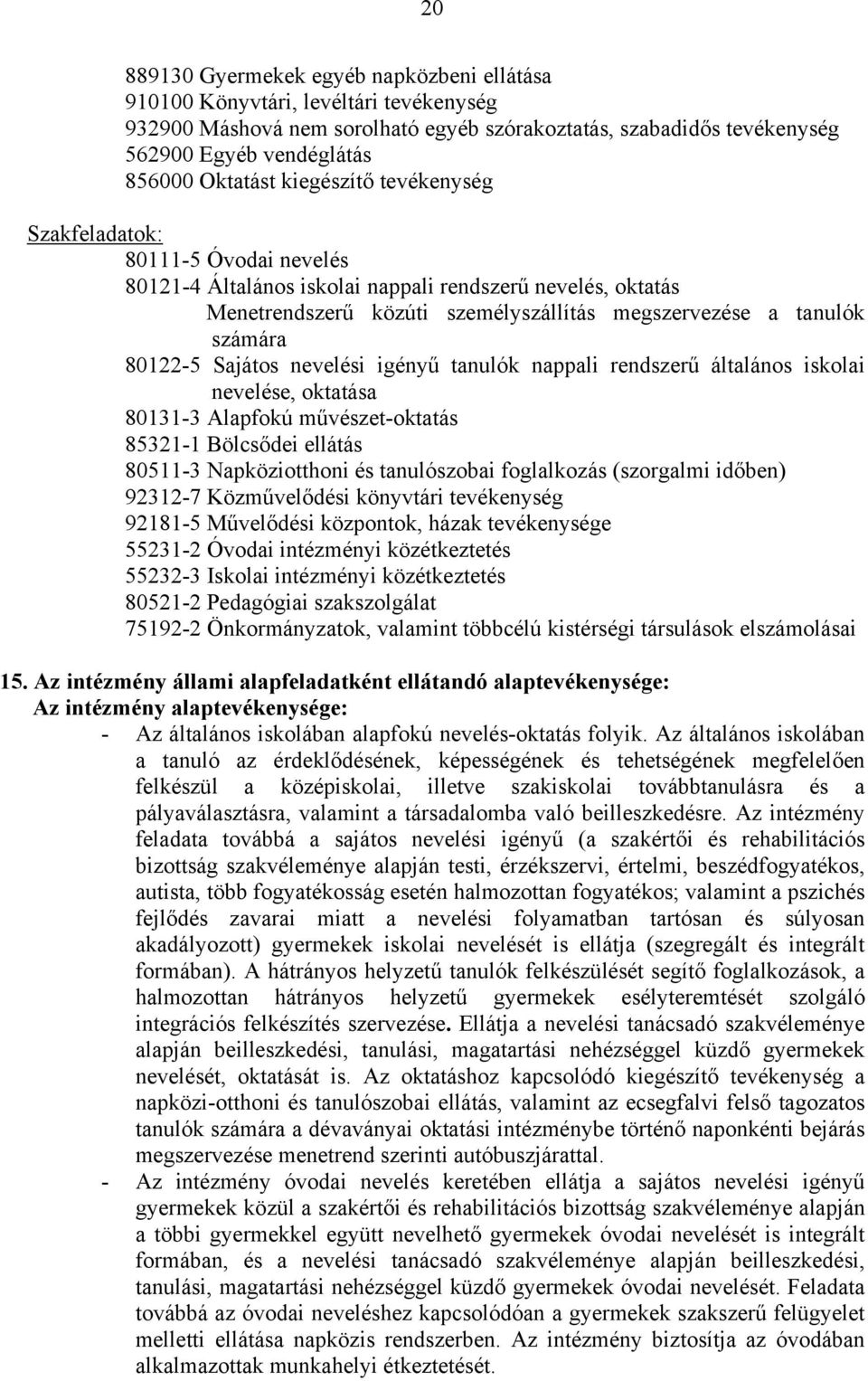 80122-5 Sajátos nevelési igényű tanulók nappali rendszerű általános iskolai nevelése, oktatása 80131-3 Alapfokú művészet-oktatás 85321-1 Bölcsődei ellátás 80511-3 Napköziotthoni és tanulószobai