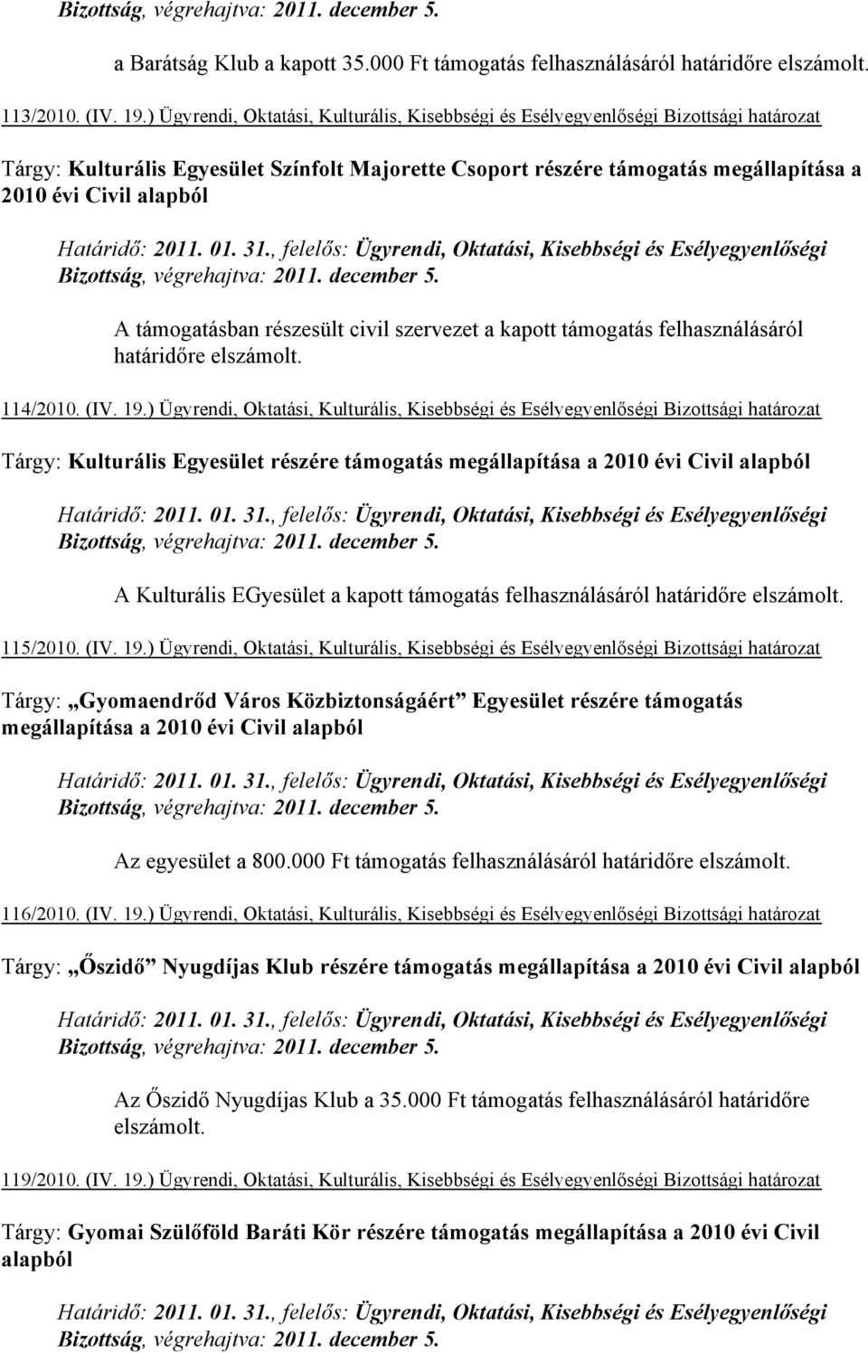 Határidő: 2011. 01. 31., felelős: Ügyrendi, Oktatási, Kisebbségi és Esélyegyenlőségi Bizottság, végrehajtva: 2011. december 5.