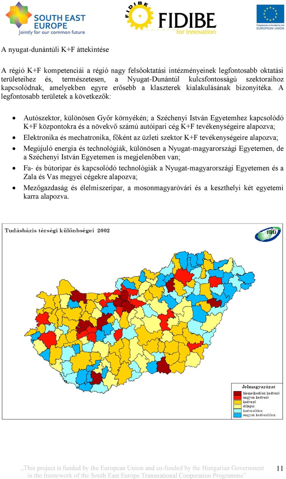 A legfontosabb területek a következők: Autószektor, különösen Győr környékén; a Széchenyi István Egyetemhez kapcsolódó K+F központokra és a növekvő számú autóipari cég K+F tevékenységeire alapozva;