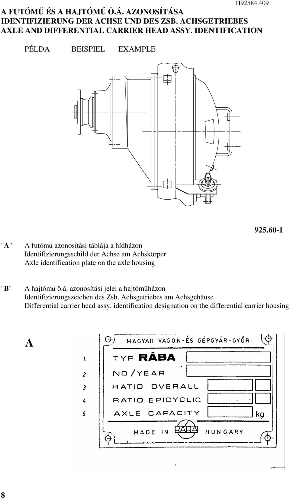 60- "A" A futóm azonosítási táblája a hídházon Identifizierungsschild der Achse am Achskörper Axle identification plate on the axle