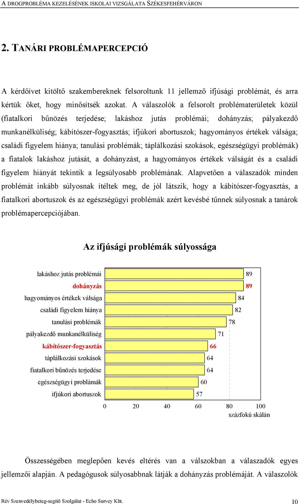 hagyományos értékek válsága; családi figyelem hiánya; tanulási problémák; táplálkozási szokások, egészségügyi problémák) a fiatalok lakáshoz jutását, a dohányzást, a hagyományos értékek válságát és a