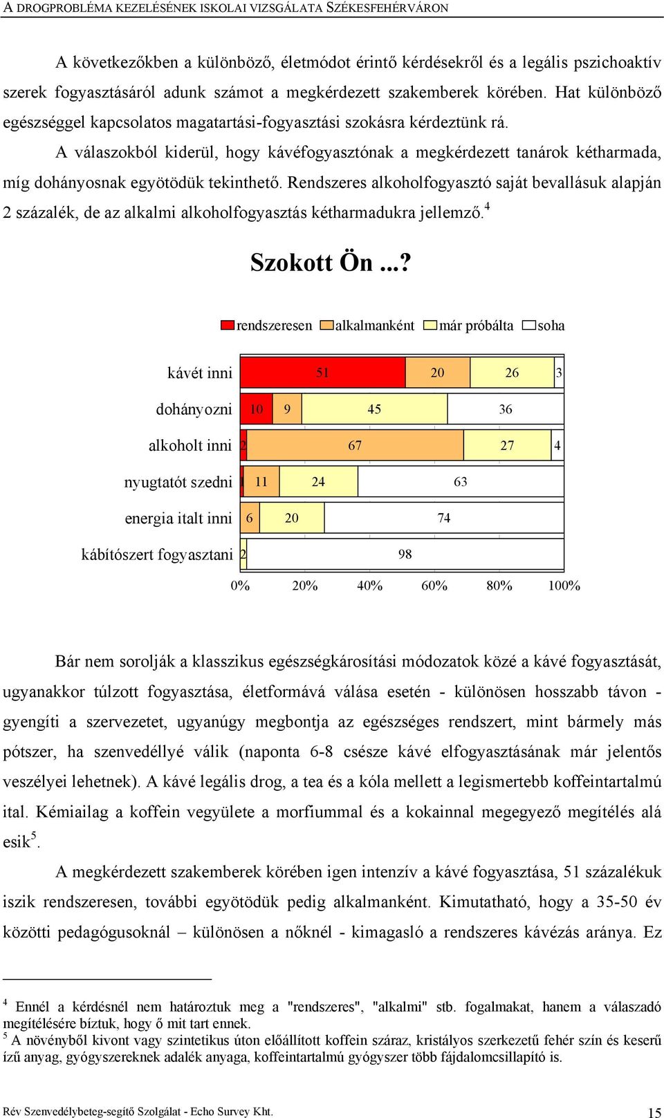 A válaszokból kiderül, hogy kávéfogyasztónak a megkérdezett tanárok kétharmada, míg dohányosnak egyötödük tekinthető.