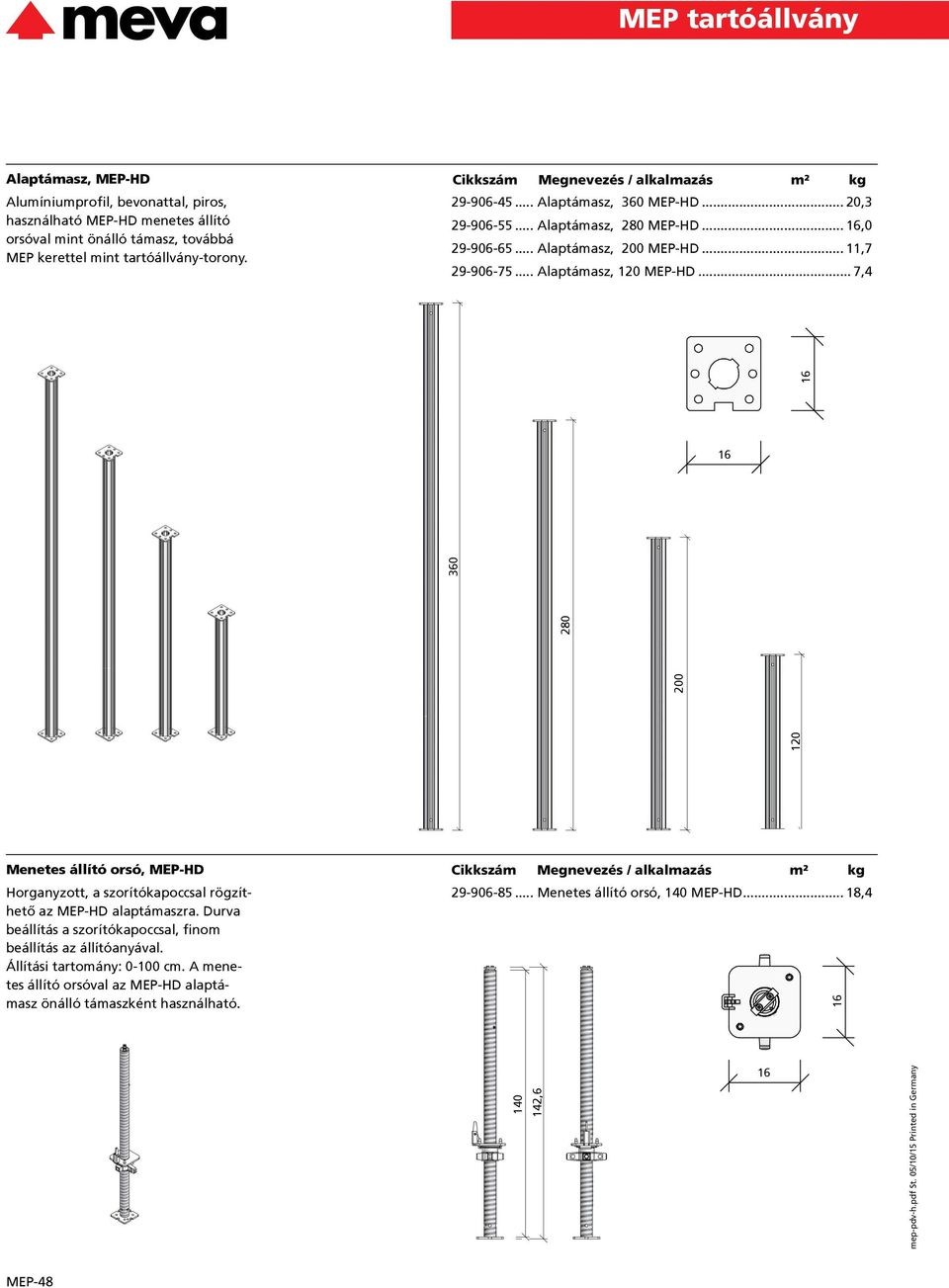 ..,4 120 200 280 360 16 16 Menetes állító orsó, MEP-HD Horganyzott, a szorítókapoccsal rögzít hető az MEP-HD alaptámaszra.