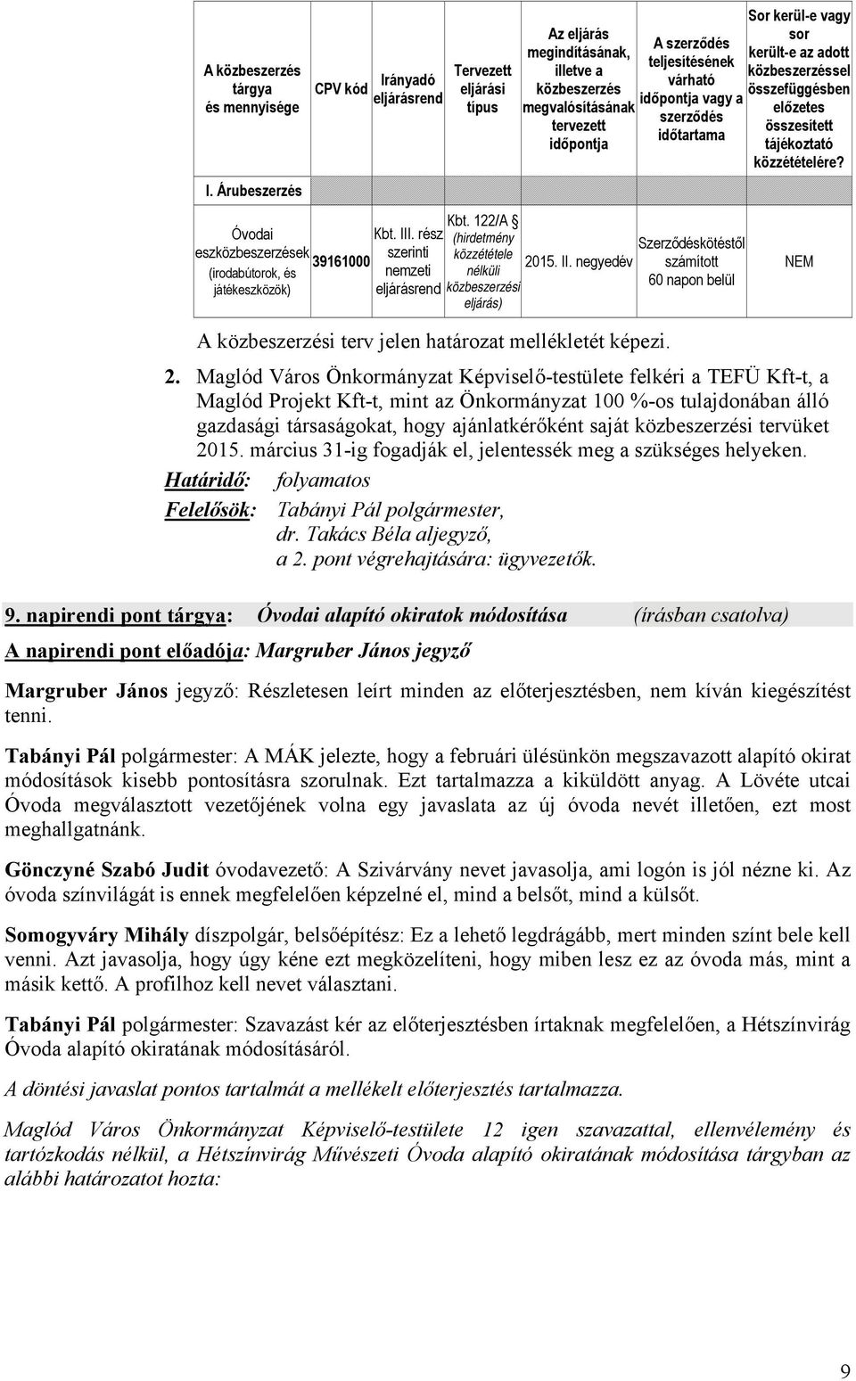 negyedév nélküli közbeszerzési eljárás) A közbeszerzési terv jelen határozat mellékletét képezi.