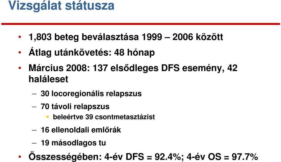 30 locoregionális relapszus 70 távoli relapszus beleértve 39