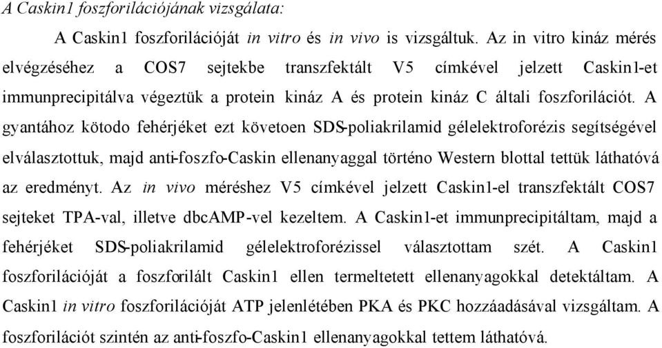 A gyantához kötodo fehérjéket ezt követoen SDS-poliakrilamid gélelektroforézis segítségével elválasztottuk, majd anti-foszfo-caskin ellenanyaggal történo Western blottal tettük láthatóvá az eredményt.