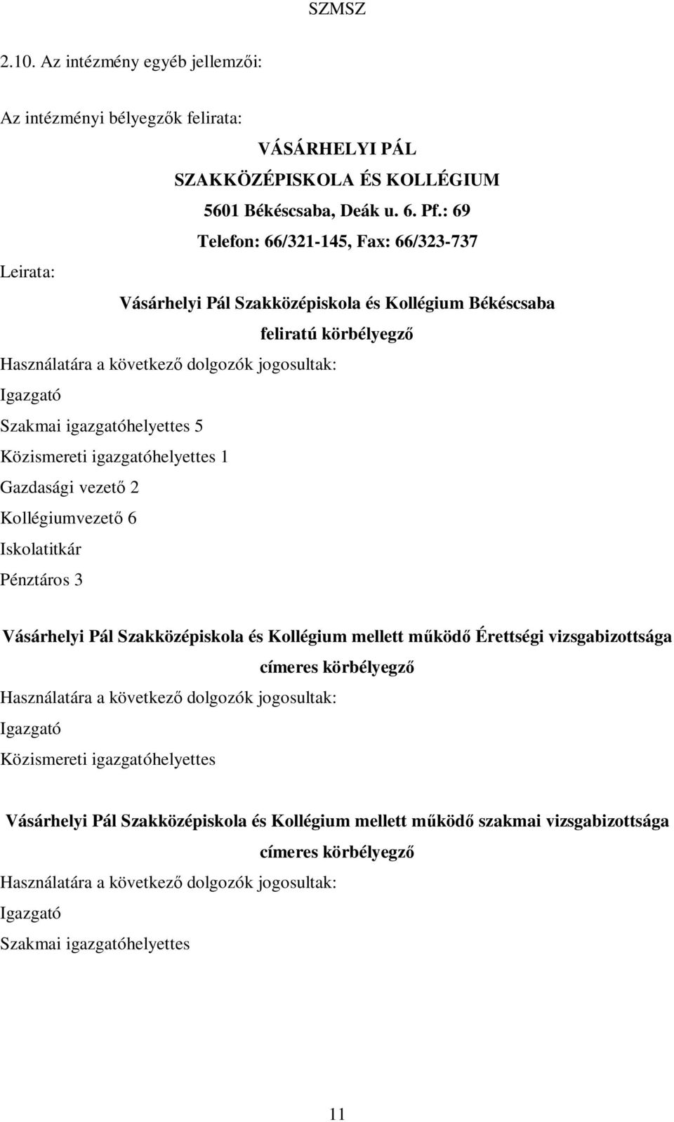 igazgatóhelyettes 5 Közismereti igazgatóhelyettes 1 Gazdasági vezető 2 Kollégiumvezető 6 Iskolatitkár Pénztáros 3 Vásárhelyi Pál Szakközépiskola és Kollégium mellett működő Érettségi vizsgabizottsága