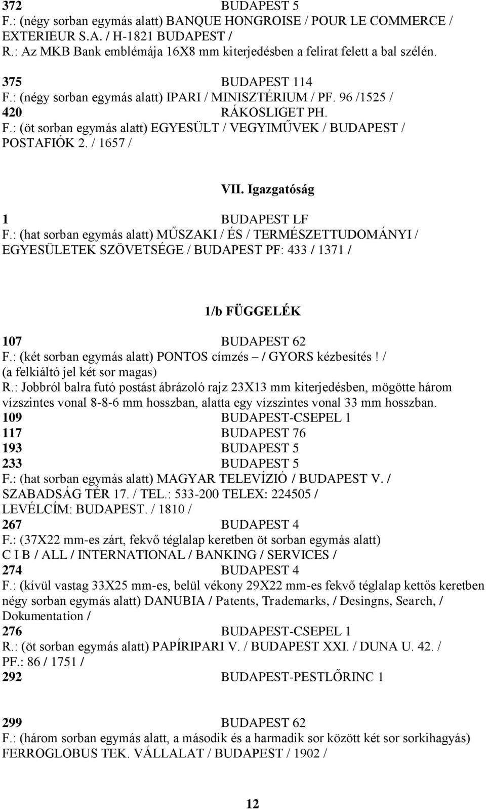 Igazgatóság 1 BUDAPEST LF F.: (hat sorban egymás alatt) MŰSZAKI / ÉS / TERMÉSZETTUDOMÁNYI / EGYESÜLETEK SZÖVETSÉGE / BUDAPEST PF: 433 / 1371 / 1/b FÜGGELÉK 107 BUDAPEST 62 F.