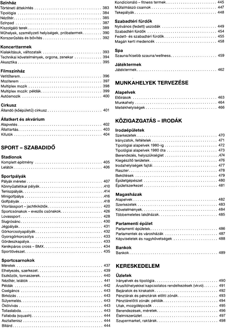 (kőépületű) cirkusz 401 Állatkert és akvárium Alapvetés 402 Állattartás 403 Kifutók 404 SPORT-SZABADIDŐ Stadionok Komplett építmény 405 Lelátók 406 Sportpályák Pályák méretei 407 Könnyűatlétikai