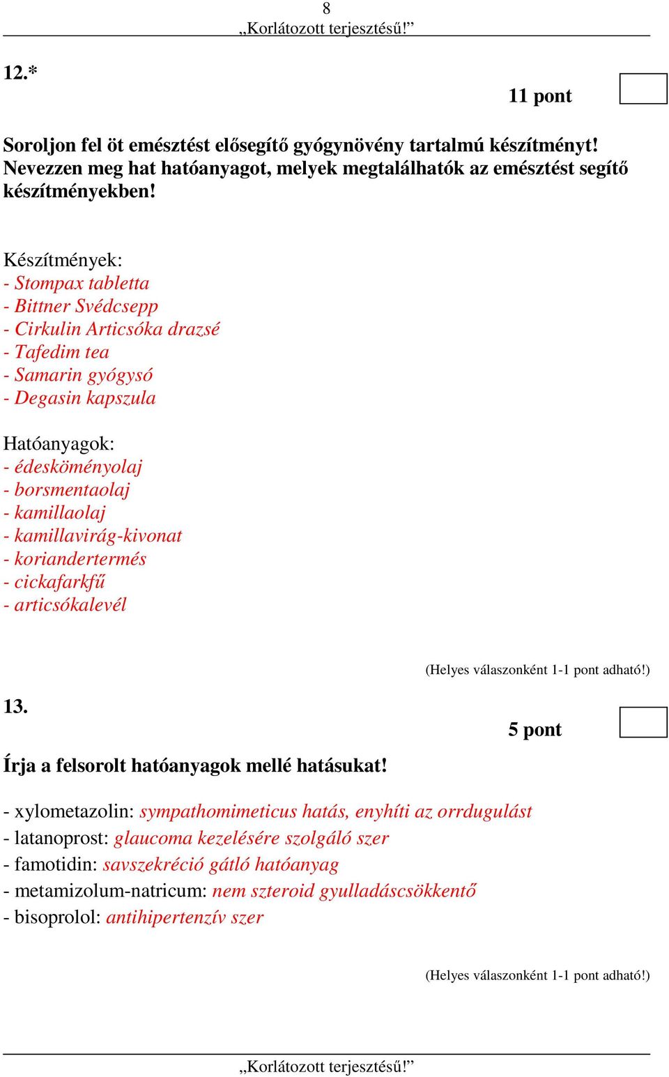 kamillaolaj - kamillavirág-kivonat - koriandertermés - cickafarkfű - articsókalevél 13. Írja a felsorolt hatóanyagok mellé hatásukat!