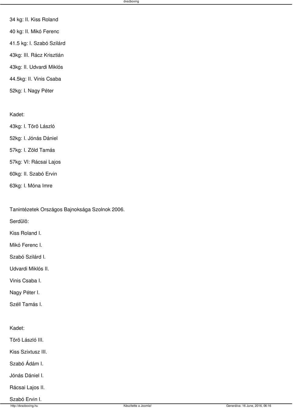 Szabó Ervin 63kg: I. Móna Imre Tanintézetek Országos Bajnoksága Szolnok 2006. Serdülõ: Kiss Roland I. Mikó Ferenc I. Szabó Szilárd I.