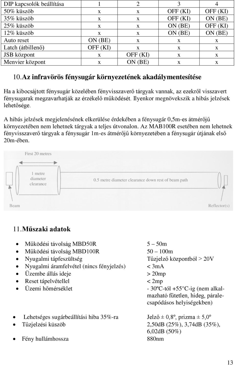 Az infravörös fénysugár környezetének akadálymentesítése Ha a kibocsájtott fénysugár közelében fényvisszaverő tárgyak vannak, az ezekről visszavert fénysugarak megzavarhatják az érzékelő működését.