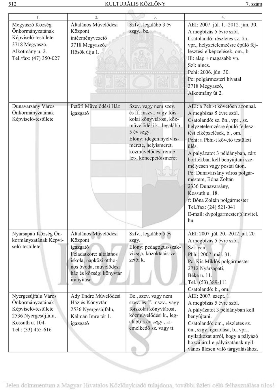 Csatolandó: részletes sz. ön., vpr., helyzetelemzésre épülõ fejlesztési elképzelések, om., b. Ill: alap + magasabb vp. Szl: nincs. Pehi: 2006. jún. 30.