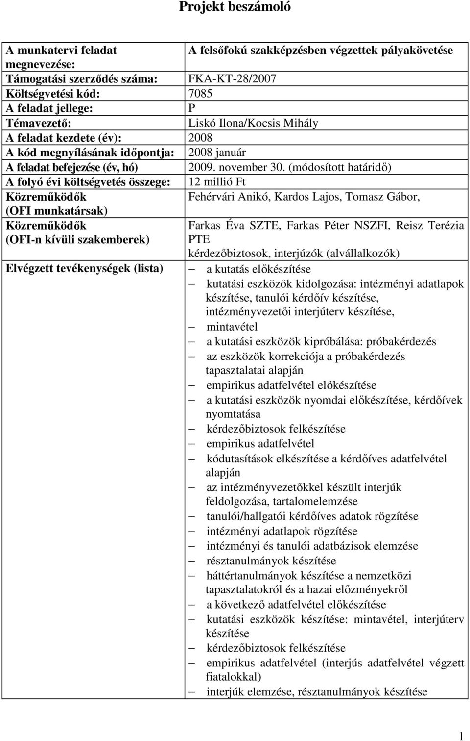 (módosított határidő) A folyó évi költségvetés összege: 12 millió Ft Közreműködők Fehérvári Anikó, Kardos Lajos, Tomasz Gábor, (OFI munkatársak) Közreműködők Farkas Éva SZTE, Farkas Péter NSZFI,