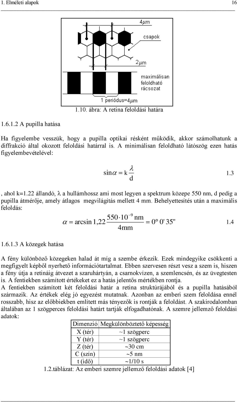 A minimálisan feloldható látószög ezen hatás figyelembevételével: sin k d 1.3, ahol k=1.