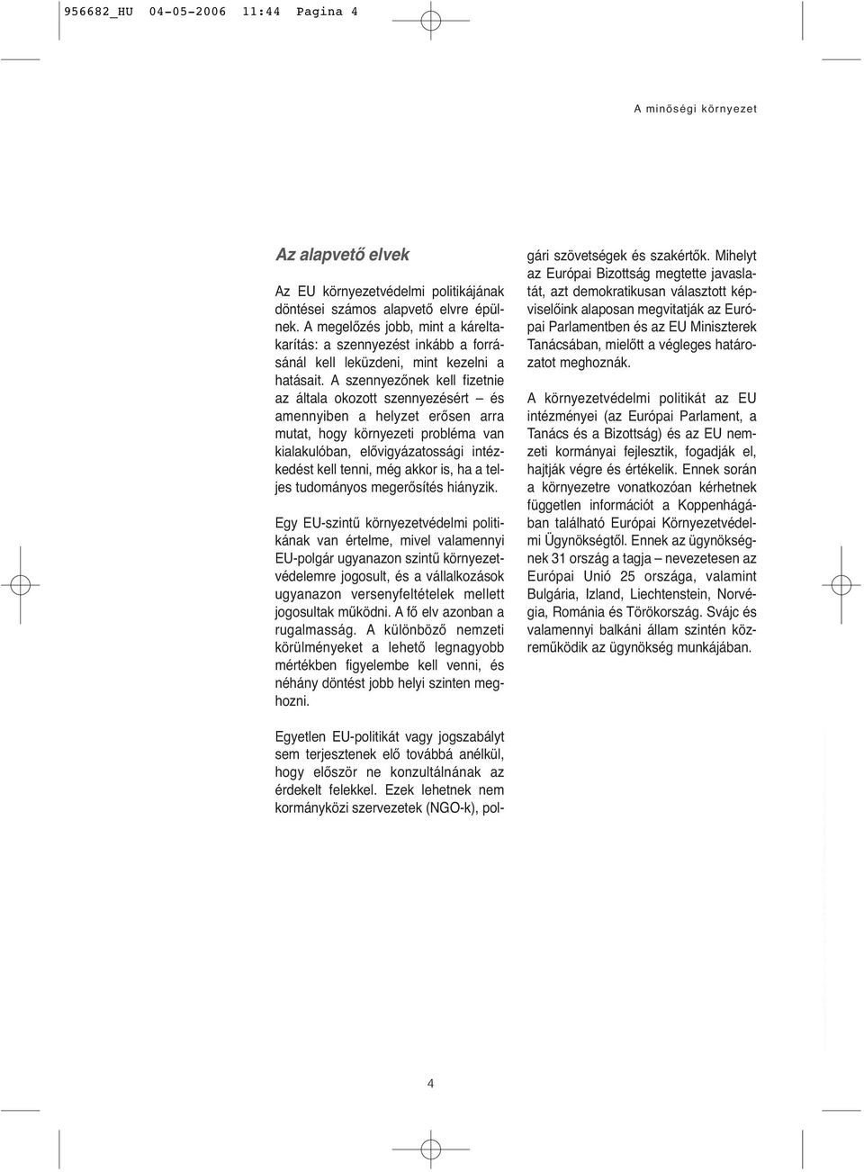 A szennyezőnek kell fizetnie az általa okozott szennyezésért és amennyiben a helyzet erősen arra mutat, hogy környezeti probléma van kialakulóban, elővigyázatossági intézkedést kell tenni, még akkor