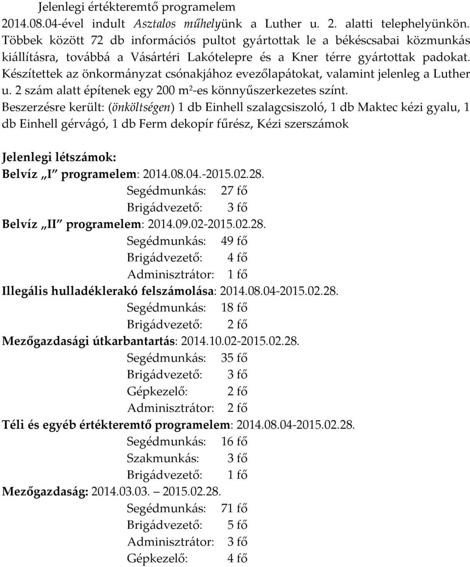 Készítettek az önkormányzat csónakjához evezőlapátokat, valamint jelenleg a Luther u. 2 szám alatt építenek egy 200 m 2 -es könnyűszerkezetes színt.