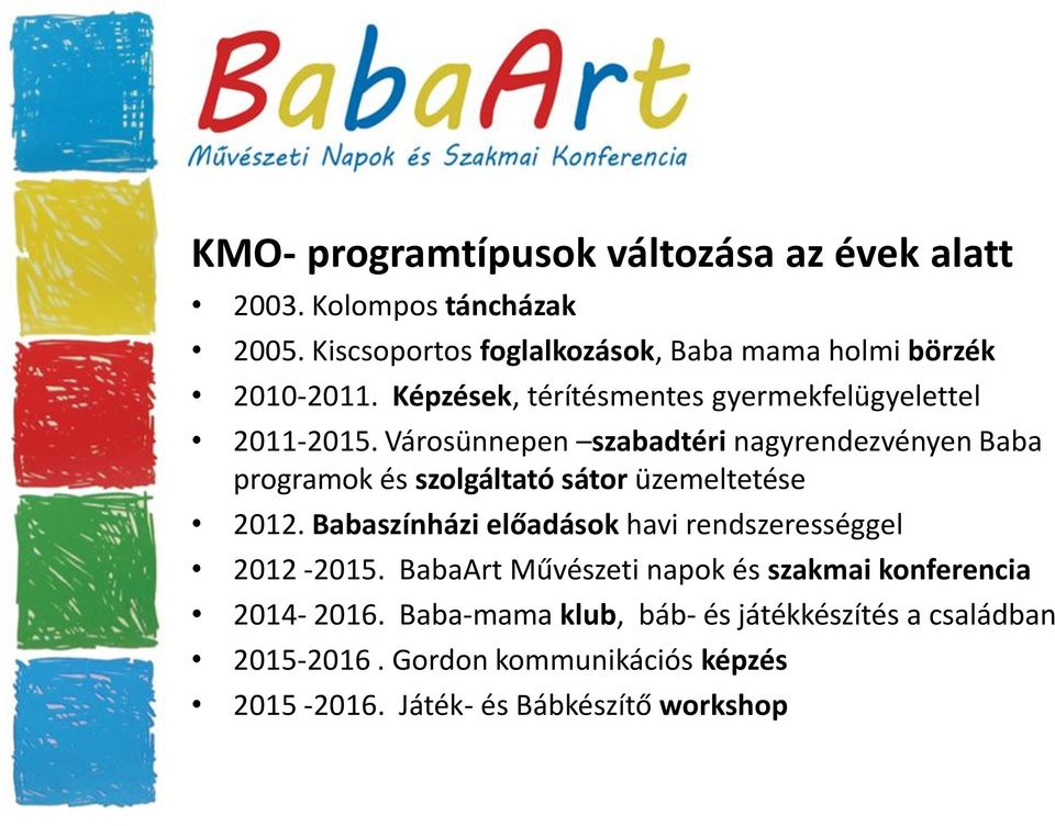 Városünnepen szabadtéri nagyrendezvényen Baba programok és szolgáltató sátor üzemeltetése 2012.