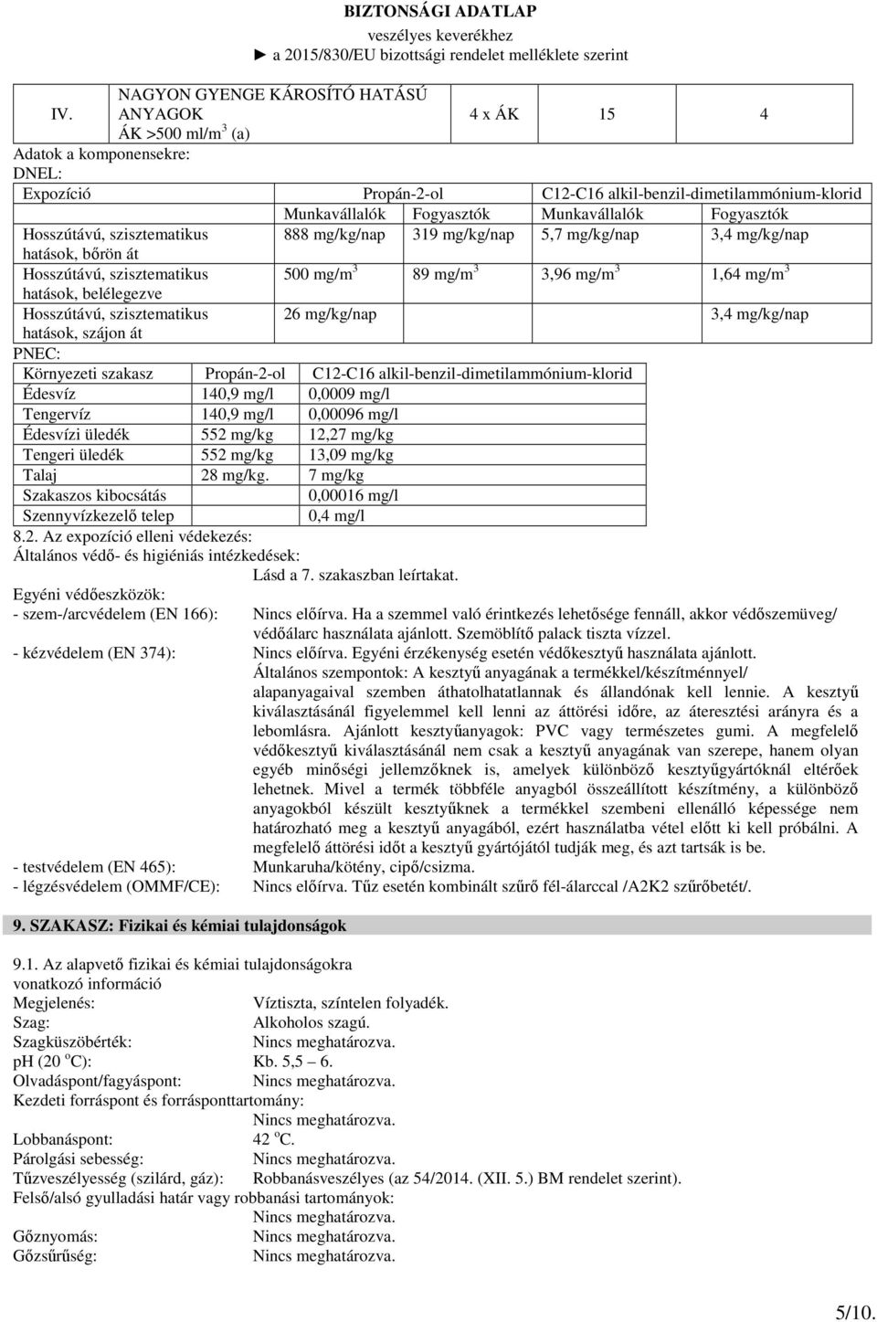 hatások, belélegezve Hosszútávú, szisztematikus 26 mg/kg/nap 3,4 mg/kg/nap hatások, szájon át PNEC: Környezeti szakasz Propán-2-ol C12-C16 alkil-benzil-dimetilammónium-klorid Édesvíz 140,9 mg/l