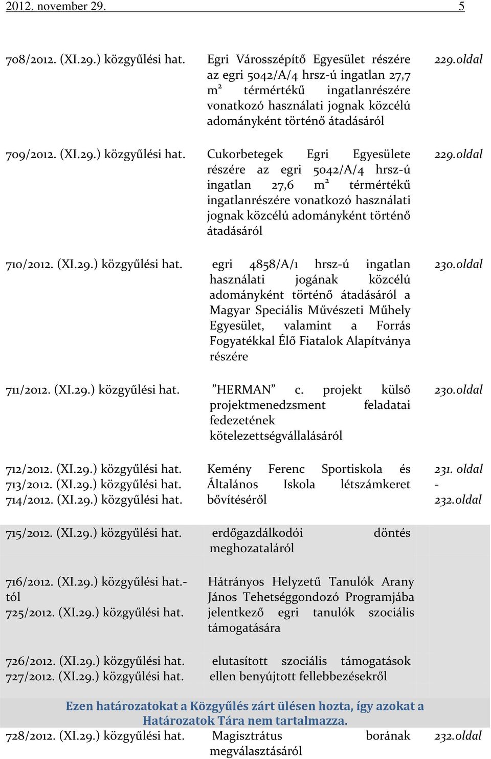 ) közgyűlési hat. Cukorbetegek Egri Egyesülete részére az egri 5042/A/4 hrsz-ú ingatlan 27,6 m 2 térmértékű ingatlanrészére vonatkozó használati jognak közcélú adományként történő átadásáról 710/2012.