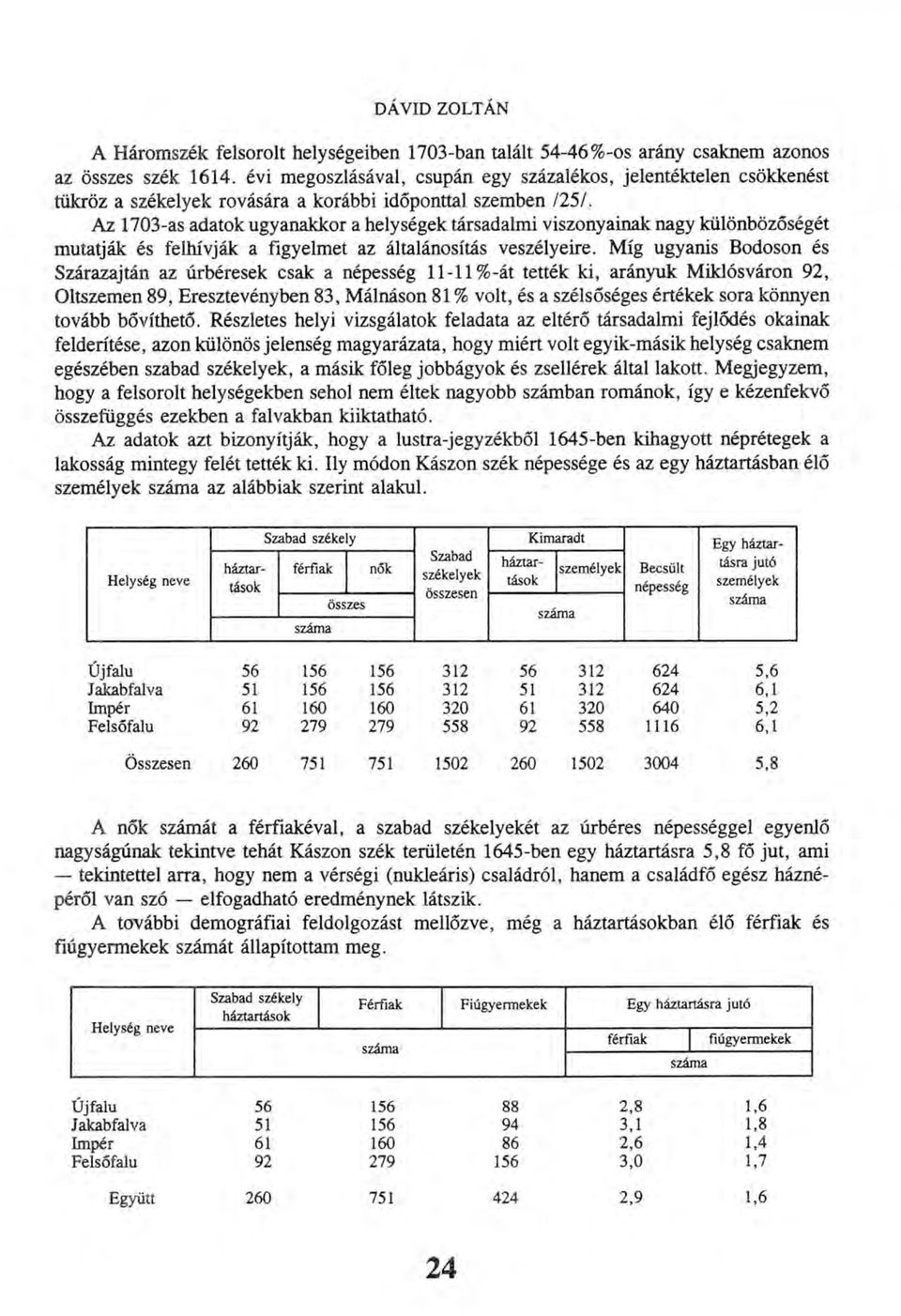 Az 1703-as adatok ugyanakkor a helységek társadalmi viszonyainak nagy különbözőségét mutatják és felhívják a figyelmet az általánosítás veszélyeire.