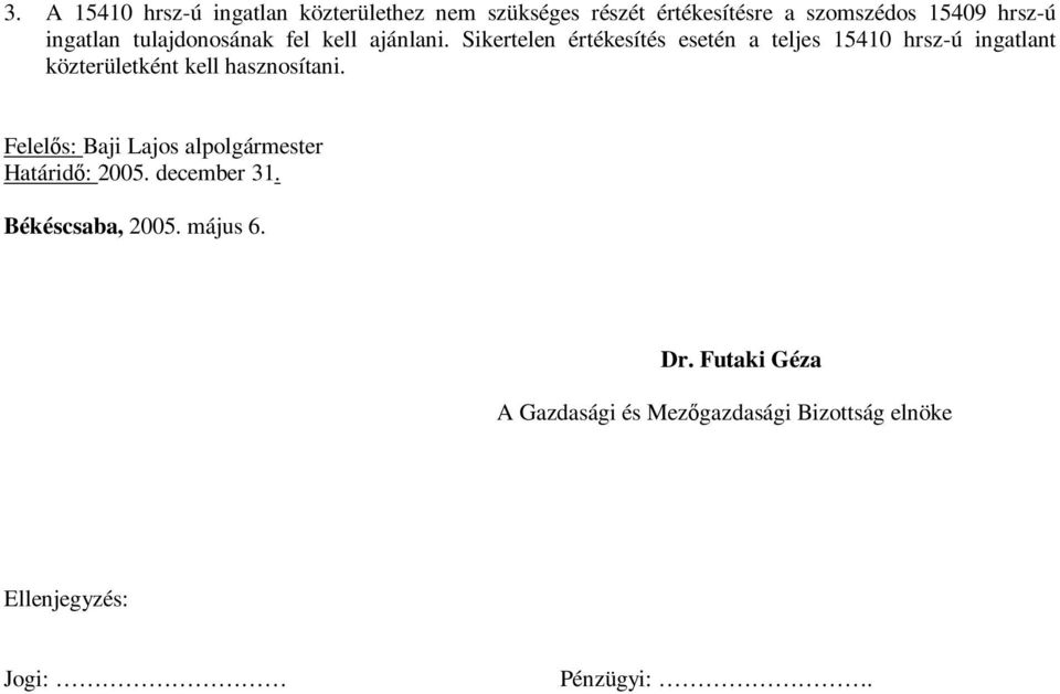 Sikertelen értékesítés esetén a teljes 15410 hrsz-ú ingatlant közterületként kell hasznosítani.