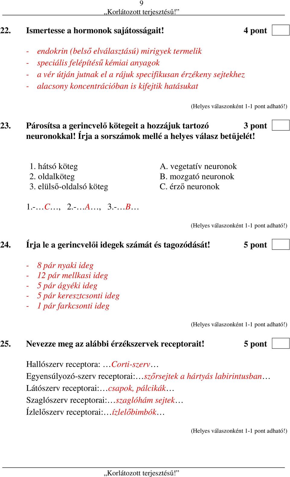 hatásukat 23. Párosítsa a gerincvelő kötegeit a hozzájuk tartozó 3 pont neuronokkal! Írja a sorszámok mellé a helyes válasz betűjelét! 1. hátsó köteg A. vegetatív neuronok 2. oldalköteg B.