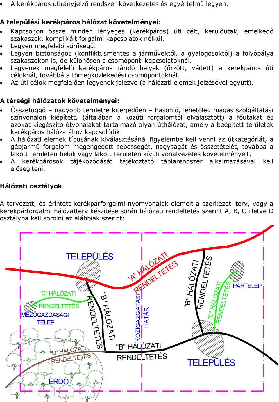 Legyen megfelelő sűrűségű. Legyen biztonságos (konfliktusmentes a járművektől, a gyalogosoktól) a folyópálya szakaszokon is, de különösen a csomóponti kapcsolatoknál.