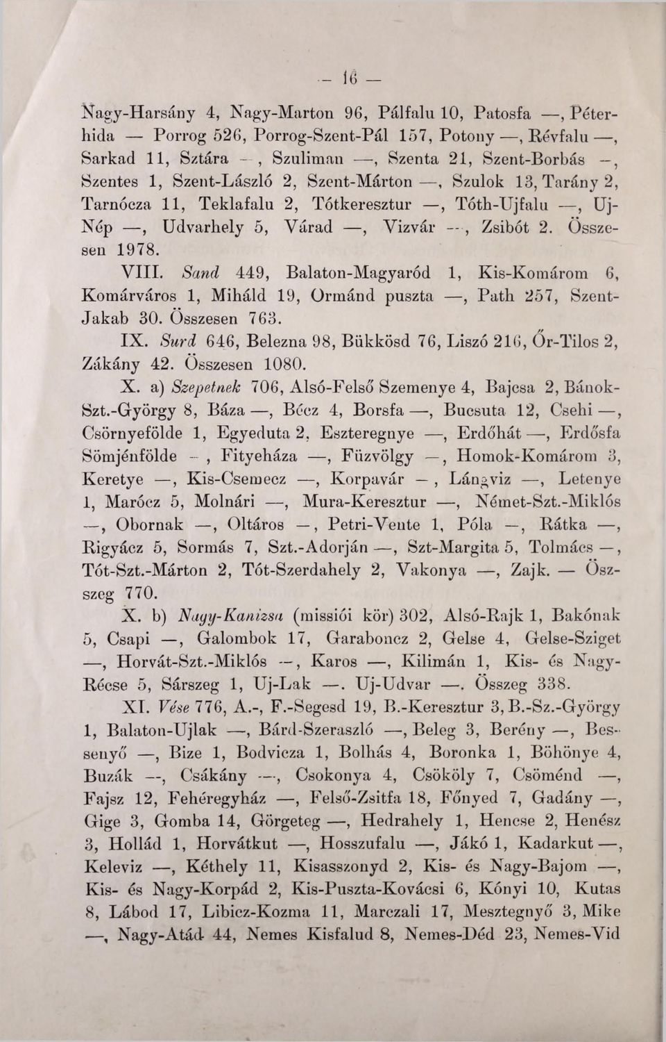 Sand 449, Balaton-Magyaród 1, Kis-Komárom 6, Komárváros 1, Miháld 19, Ormánd puszta, Path 257, Szent- Jakab 30. Összesen 763. IX. Surd 646, Belezna 98, Bükkösd 76, Liszó 216, Őr-Tilos 2, Zákány 42.