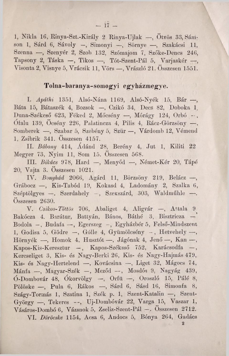 Visonta 2, Visnye 5, Vrácsik 11, Vörs, Vrászló 21. Összesen 1551. T o ln a -b a ra n y a -so m o g y i e g y h á z m e g y e. I.