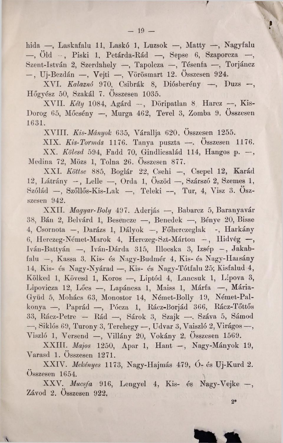 Kéty 1084, Agárd, Döripatlan 8, Harcz, Kis- Dorog 65, Mőcsény, Murga 462, Tevel 3, Zomba 9. Összesen 1631. X V III. Kis-Mányok 635, Várallja 620. Összesen 1255. X IX. Kis-Tormás 1176. Tanya puszta.