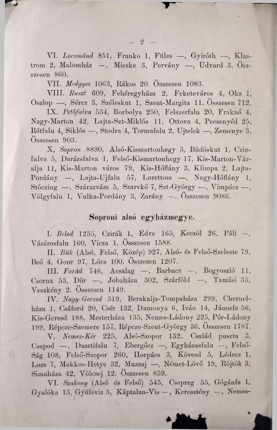 Petőfalva 534, Borbolya 250, Felszerfalu 20, Fraknó 4, Nagy-Marton 42, Lajta-Szt-Miklós 11, Ottóvá 4, Pecsenyéd 25, Rétfalu 4, Siklós, Stodra 4, Tormafalu 2, Újtelek, Zemenye 3, Összesen 903. X.