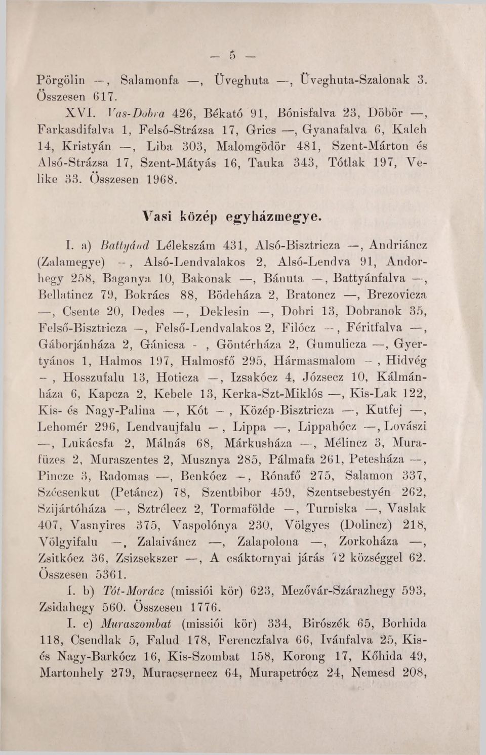 Tauka 343, Tótlak 197, Velike 33. Összesen 1968. Vasi közép egyházm egye. I.