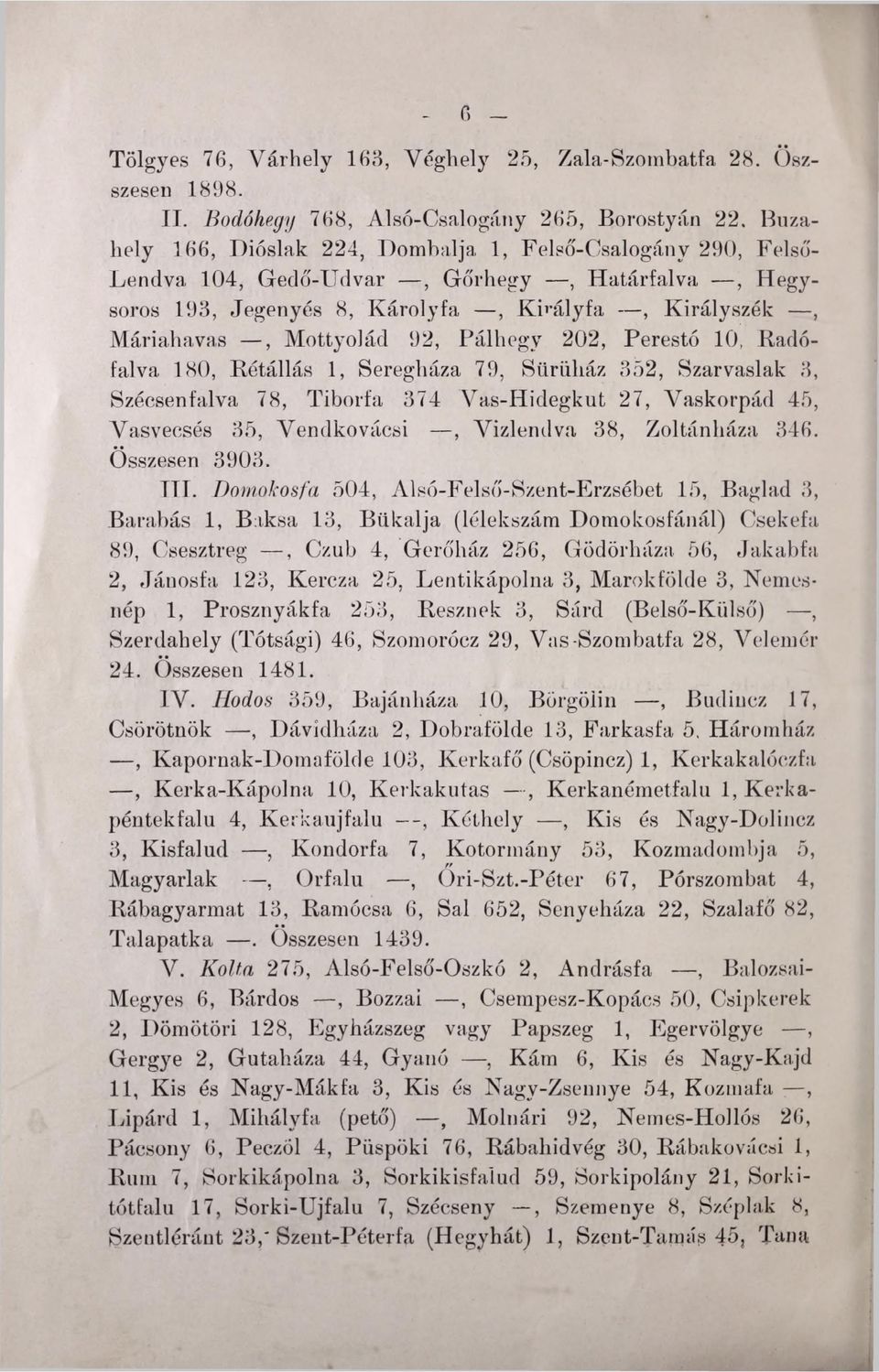 Pálhegy 202, Perestó 10, Radófalva 180, Bétállás 1, Seregháza 79, Sürüház 352, Szarvasiak 3, Szécsenfalva 78, Tiborfa 374 Vas-Hidegkut 27, Vaskorpád 45, Vasvecsés 35, Vendkovácsi, Vizlendva 38,