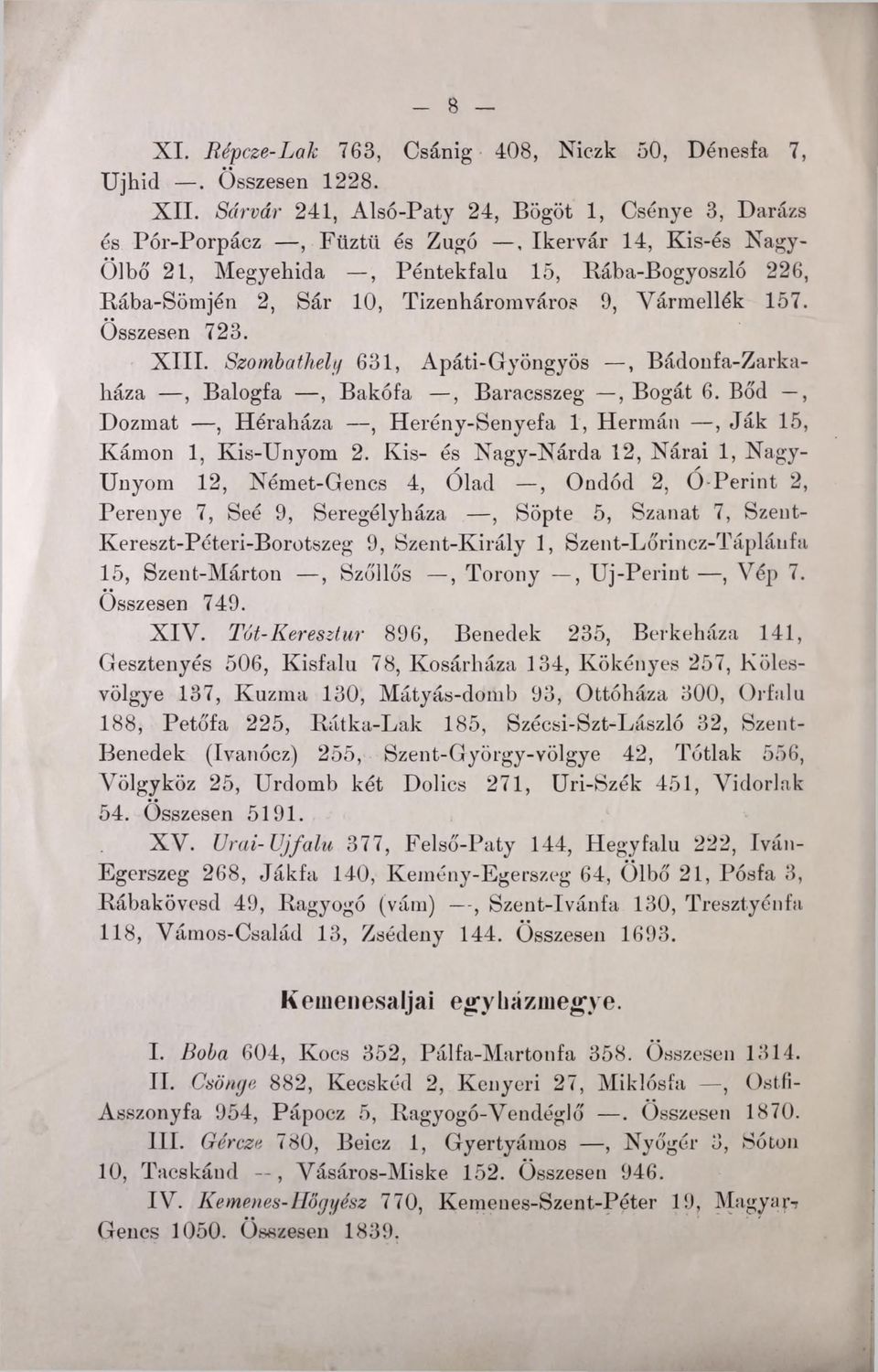 Tizenháromváros 9, Vármellék 157. Összesen 723. X III. Szombathely 631, Apáti-Gyöngyös, Bádonfa-Zarkaliáza, Balogfa, Bakófa, Baracsszeg, Bogát 6.