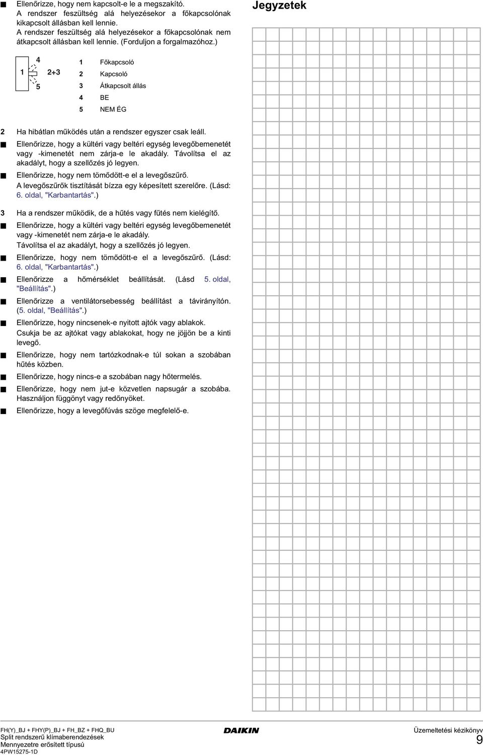 ) Jegyzetek 4 2+ Főkapcsoló 2 Kapcsoló Átkapcsolt állás 4 BE NEM ÉG 2 Ha hibátlan működés után a rendszer egyszer csak leáll.