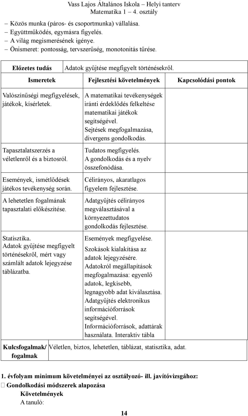 Tapasztalatszerzés a véletlenről és a biztosról. Események, ismétlődések játékos tevékenység során. A lehetetlen fogalmának tapasztalati előkészítése. Statisztika.