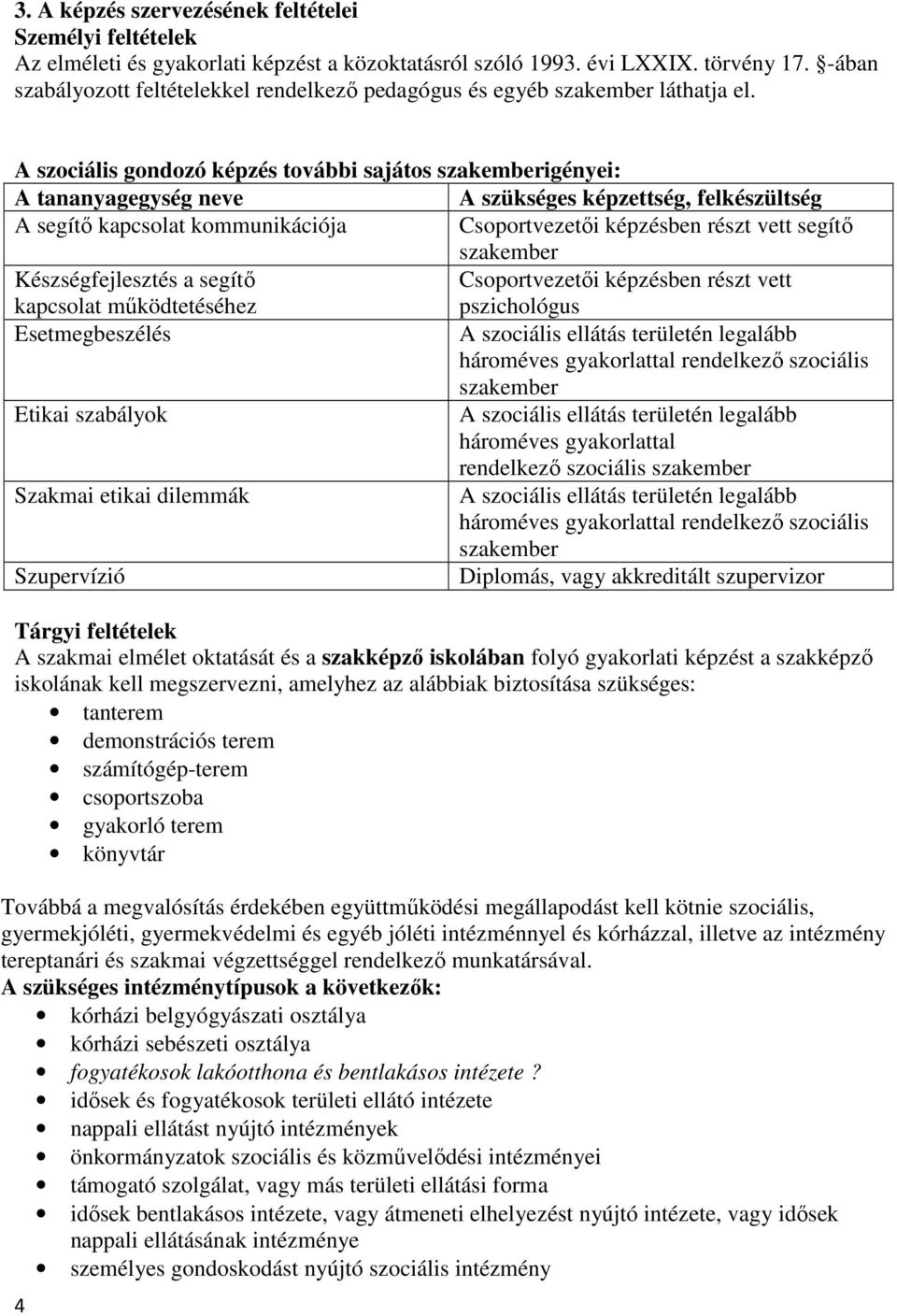 A szociális gondozó képzés további sajátos szakemberigényei: A tananyagegység neve A szükséges képzettség, felkészültség A segítı kapcsolat kommunikációja Csoportvezetıi képzésben részt vett segítı