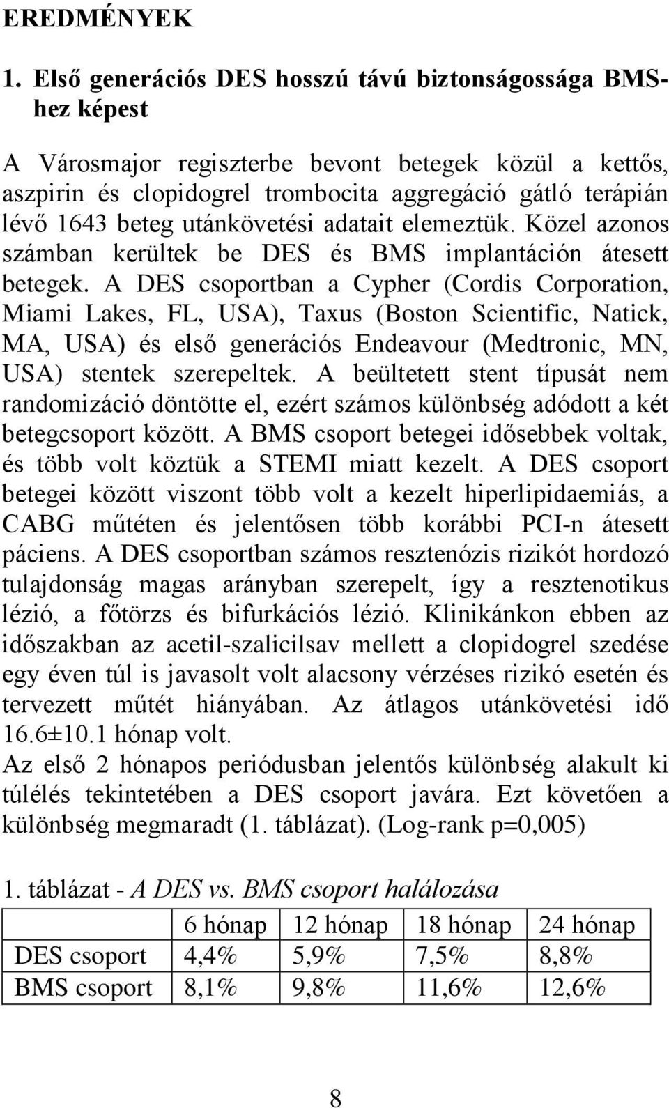 utánkövetési adatait elemeztük. Közel azonos számban kerültek be DES és BMS implantáción átesett betegek.