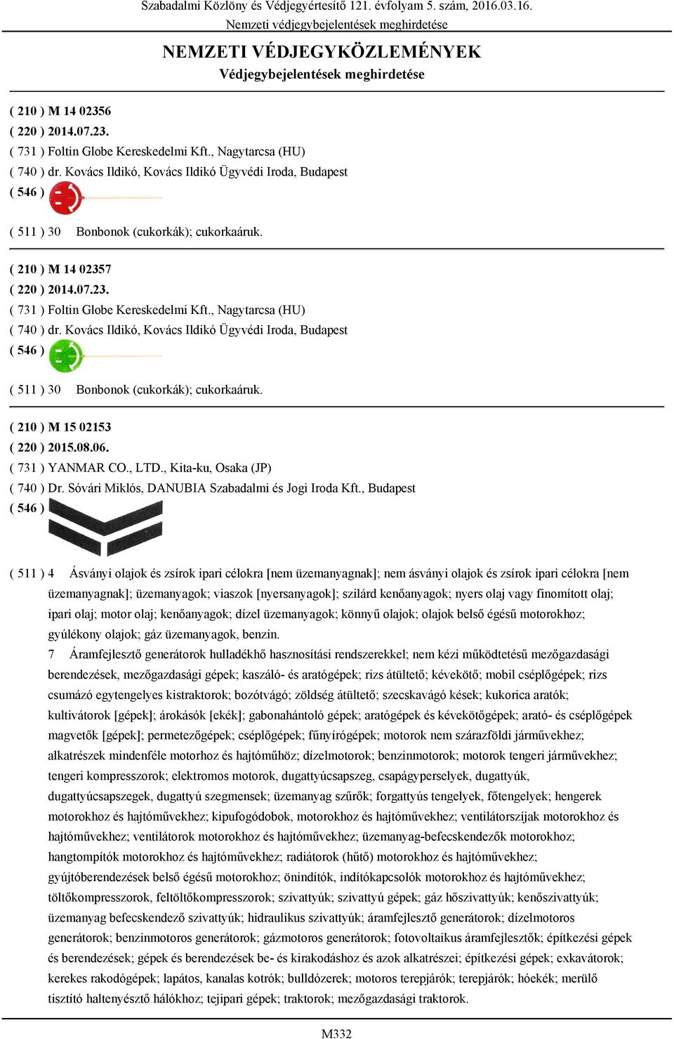 , Nagytarcsa (HU) ( 740 ) dr. Kovács Ildikó, Kovács Ildikó Ügyvédi Iroda, Budapest ( 511 ) 30 Bonbonok (cukorkák); cukorkaáruk. ( 210 ) M 15 02153 ( 220 ) 2015.08.06. ( 731 ) YANMAR CO., LTD.