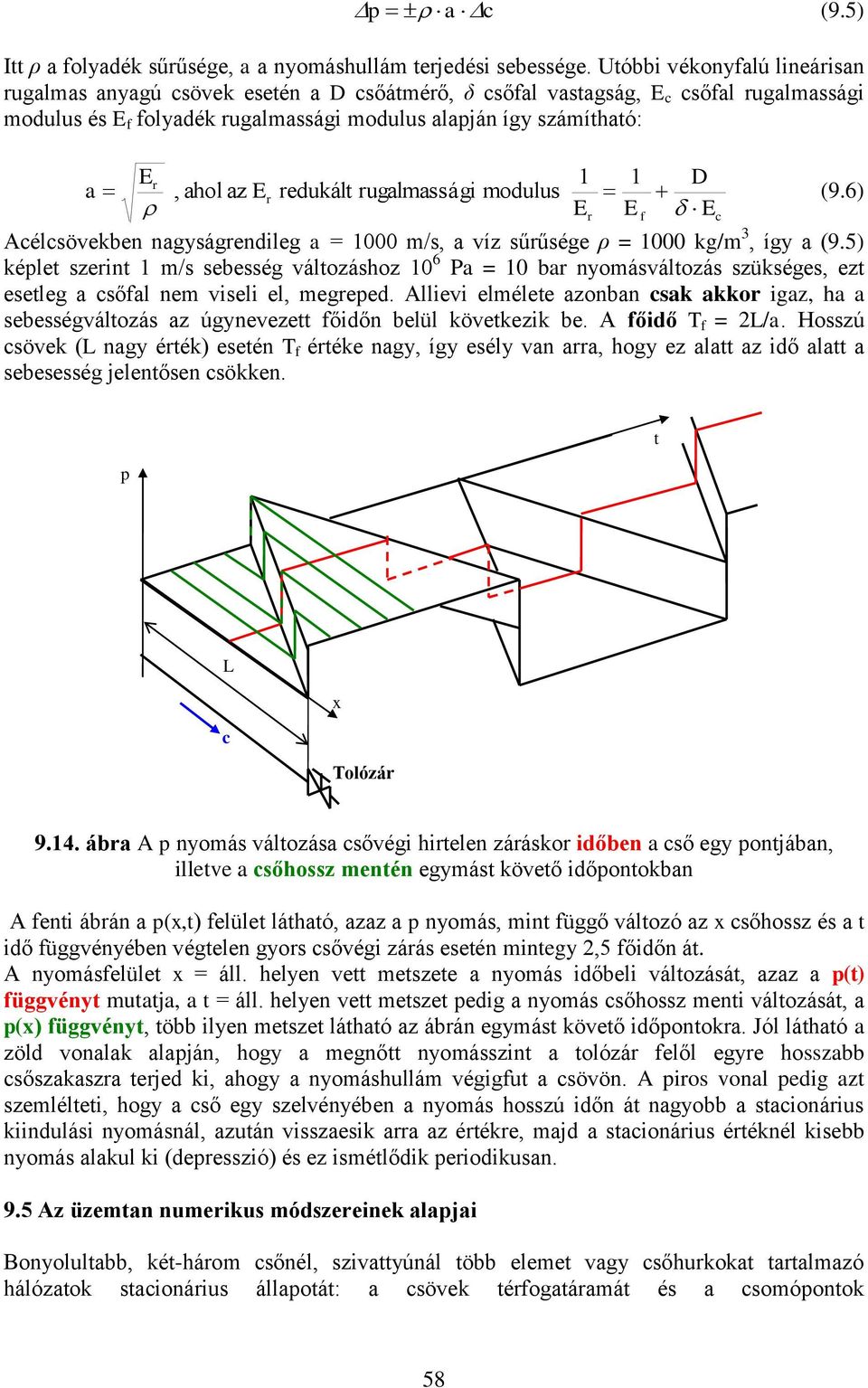 ahol az Er redukált rugalmassági modulus (9.6) E E E Acélcsövekben nagyságrendileg a = 1000 m/s, a víz sűrűsége ρ = 1000 kg/m 3, így a (9.