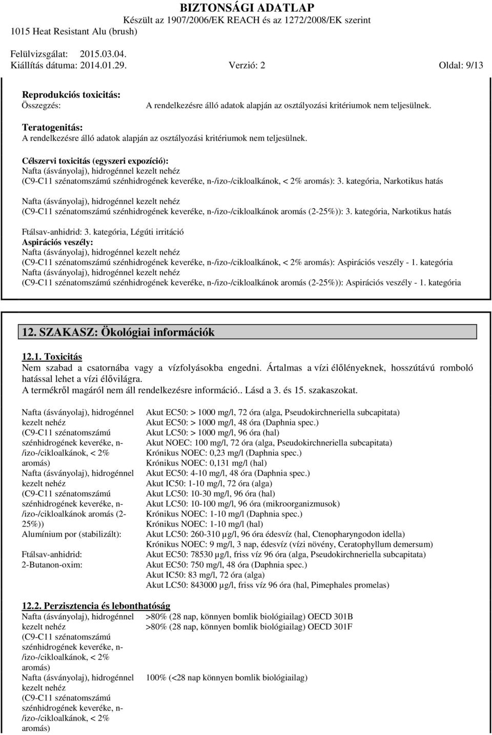 kategória /izo-/cikloalkánok aromás (2-25%)): Aspirációs veszély - 1. kategória 12. SZAKASZ: Ökológiai információk 12.1. Toxicitás Nem szabad a csatornába vagy a vízfolyásokba engedni.