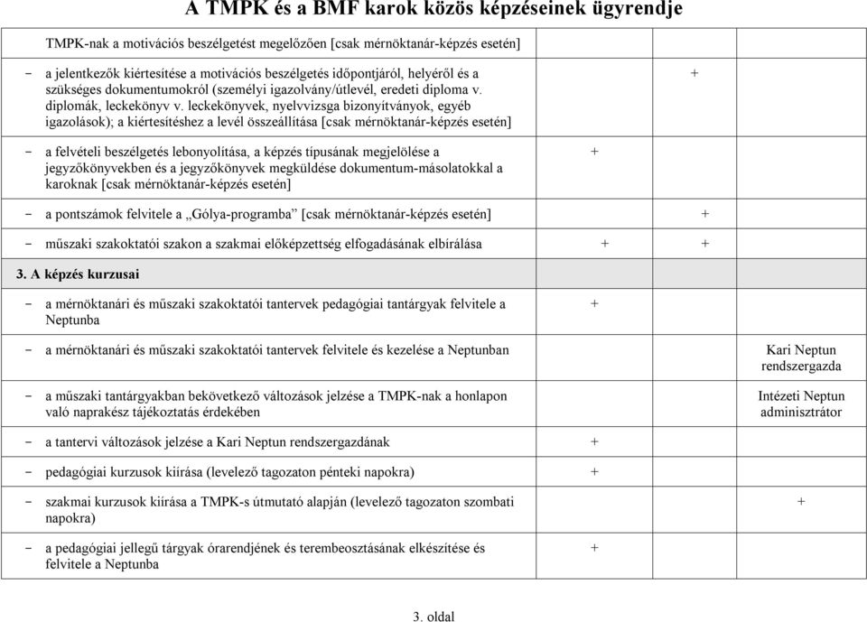 leckekönyvek, nyelvvizsga bizonyítványok, egyéb igazolások); a kiértesítéshez a levél összeállítása [csak mérnöktanár-képzés esetén] a felvételi beszélgetés lebonyolítása, a képzés típusának