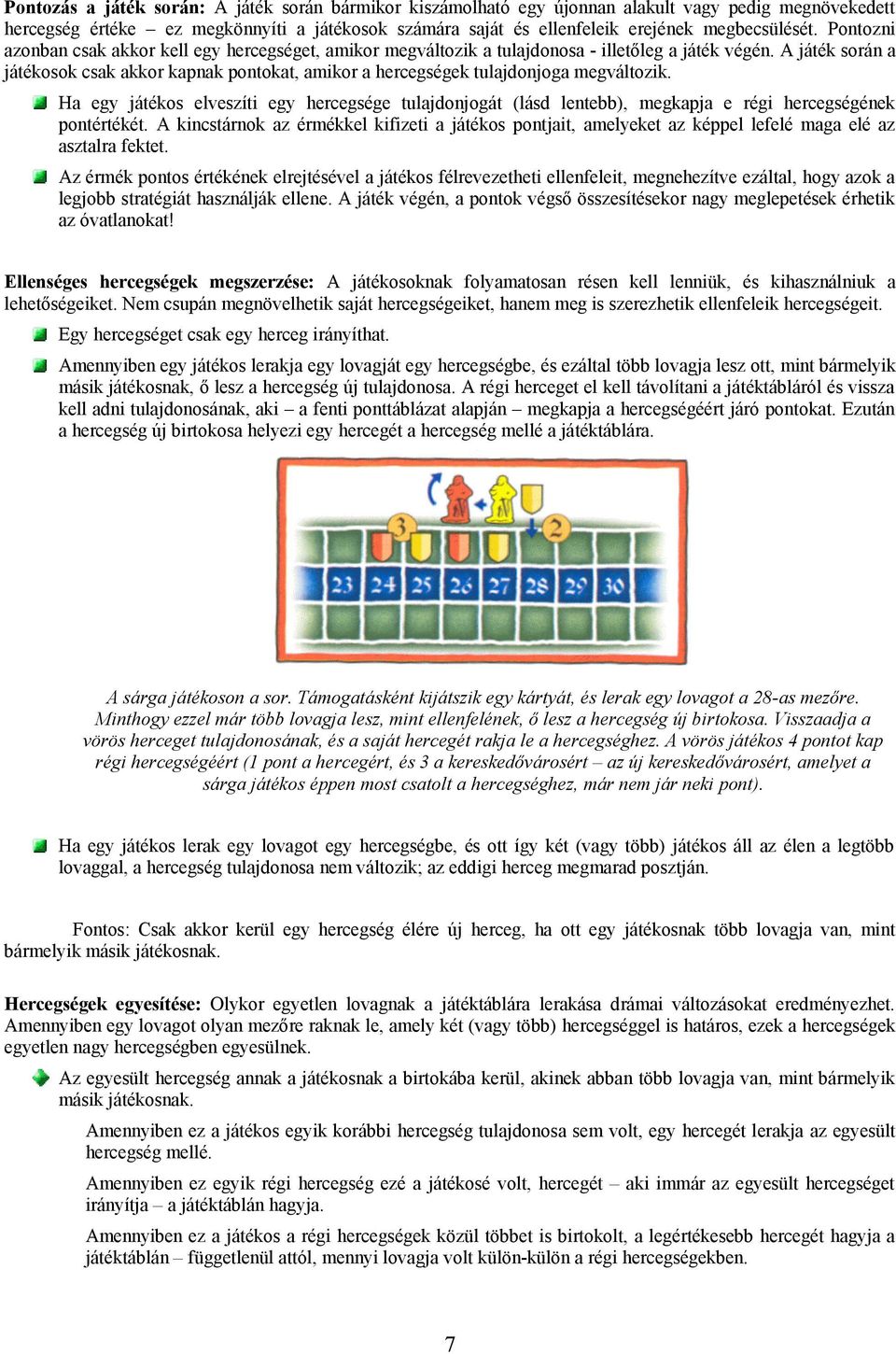 A játék során a játékosok csak akkor kapnak pontokat, amikor a hercegségek tulajdonjoga megváltozik.