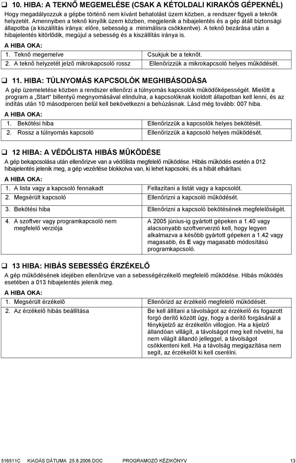 A teknő bezárása után a hibajelentés kitörlődik, megújul a sebesség és a kiszállítás iránya is. A HIBA OKA: 1. Teknő megemelve Csukjuk be a teknőt. 2.