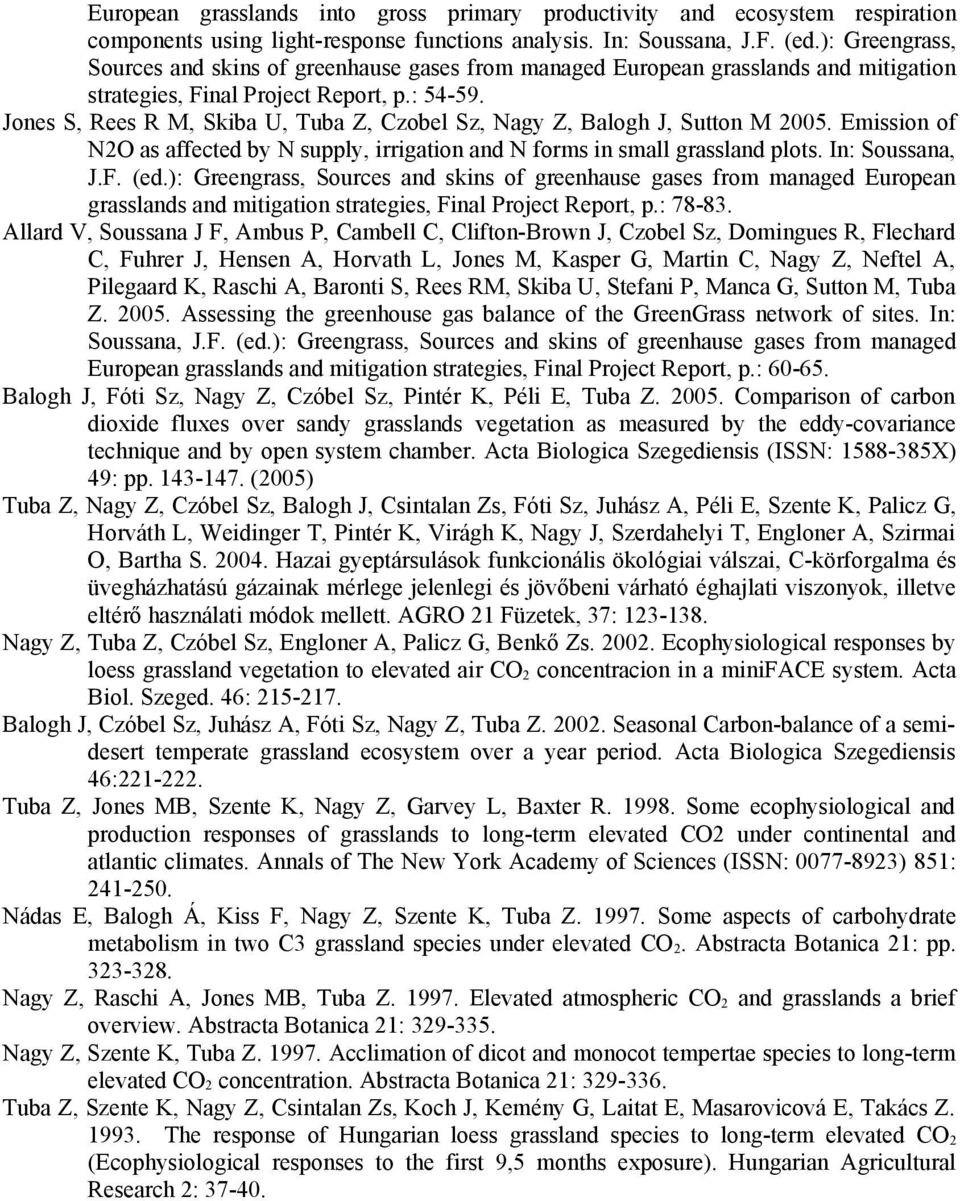 Jones S, Rees R M, Skiba U, Tuba Z, Czobel Sz, Nagy Z, Balogh J, Sutton M 2005. Emission of N2O as affected by N supply, irrigation and N forms in small grassland plots. In: Soussana, J.F. (ed.