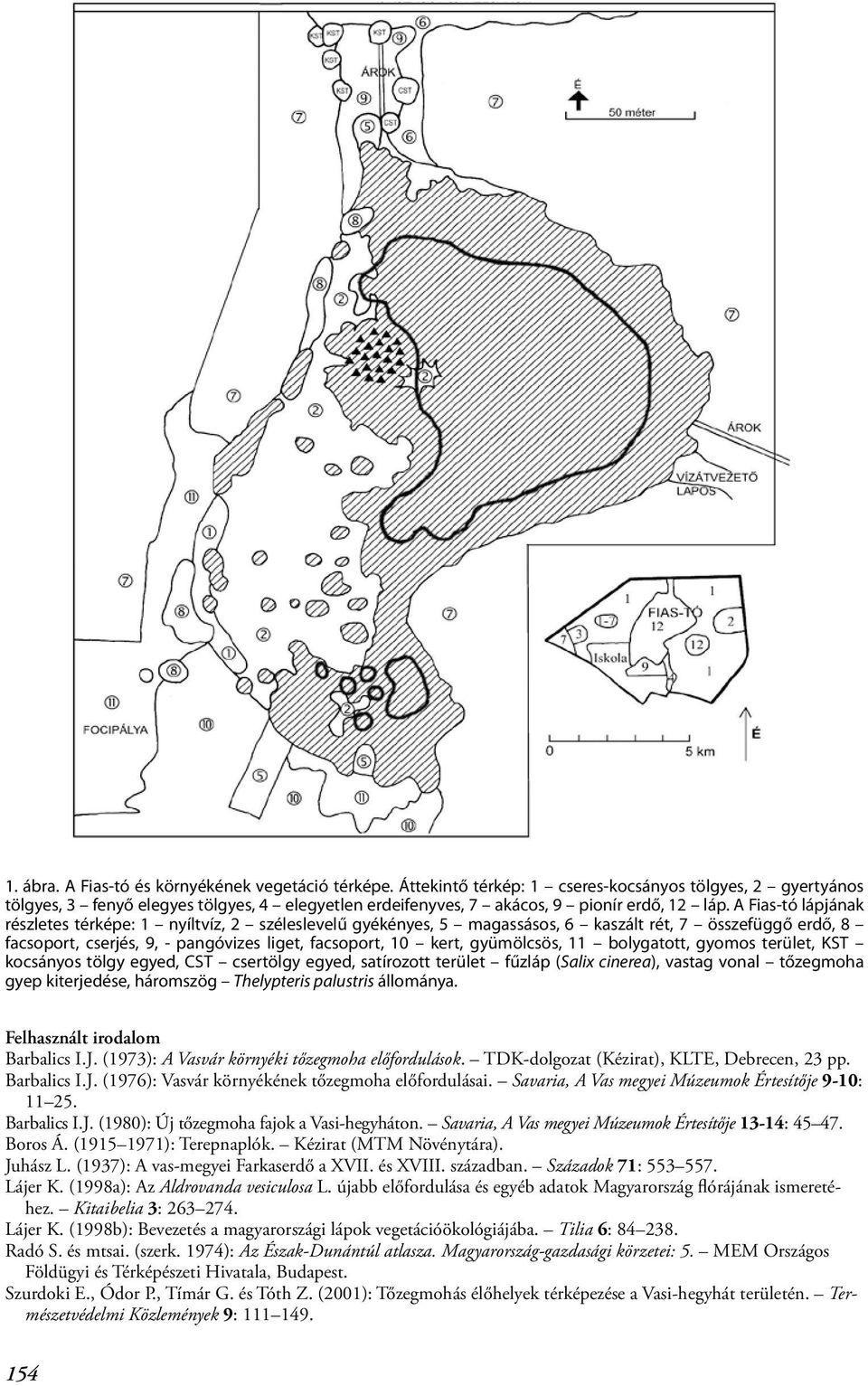 A Fias-tó lápjának részletes térképe: 1 nyíltvíz, 2 széleslevelű gyékényes, 5 magassásos, 6 kaszált rét, 7 összefüggő erdő, 8 facsoport, cserjés, 9, - pangóvizes liget, facsoport, 10 kert,