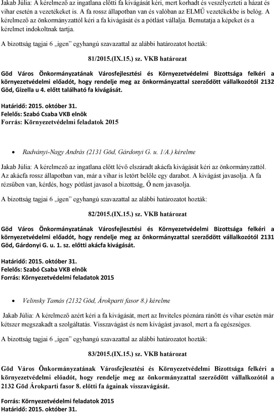 81/2015.(IX.15.) sz. VKB határozat környezetvédelmi előadót, hogy rendelje meg az önkormányzattal szerződött vállalkozótól 2132 Göd, Gizella u 4. előtt található fa kivágását.